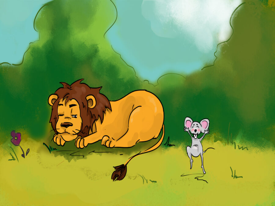 Lion was taking a nap in the jungle. Suddenly, a tiny, energetic mouse decided to play on lion's body.